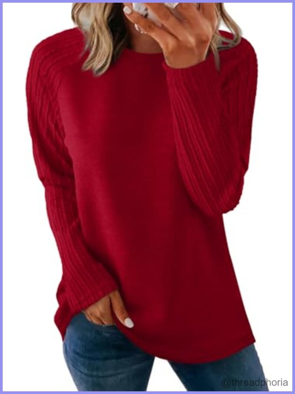 Oversized Crewneck Tunic Top with Cable Knit Sleeves for Women